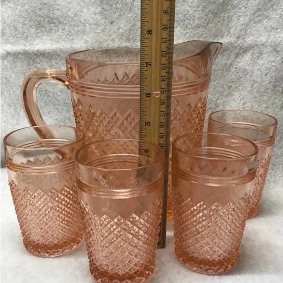 Pink Depression glass Miss America pitcher and glasses mint condition VINTAGE - Picture 5 of 8